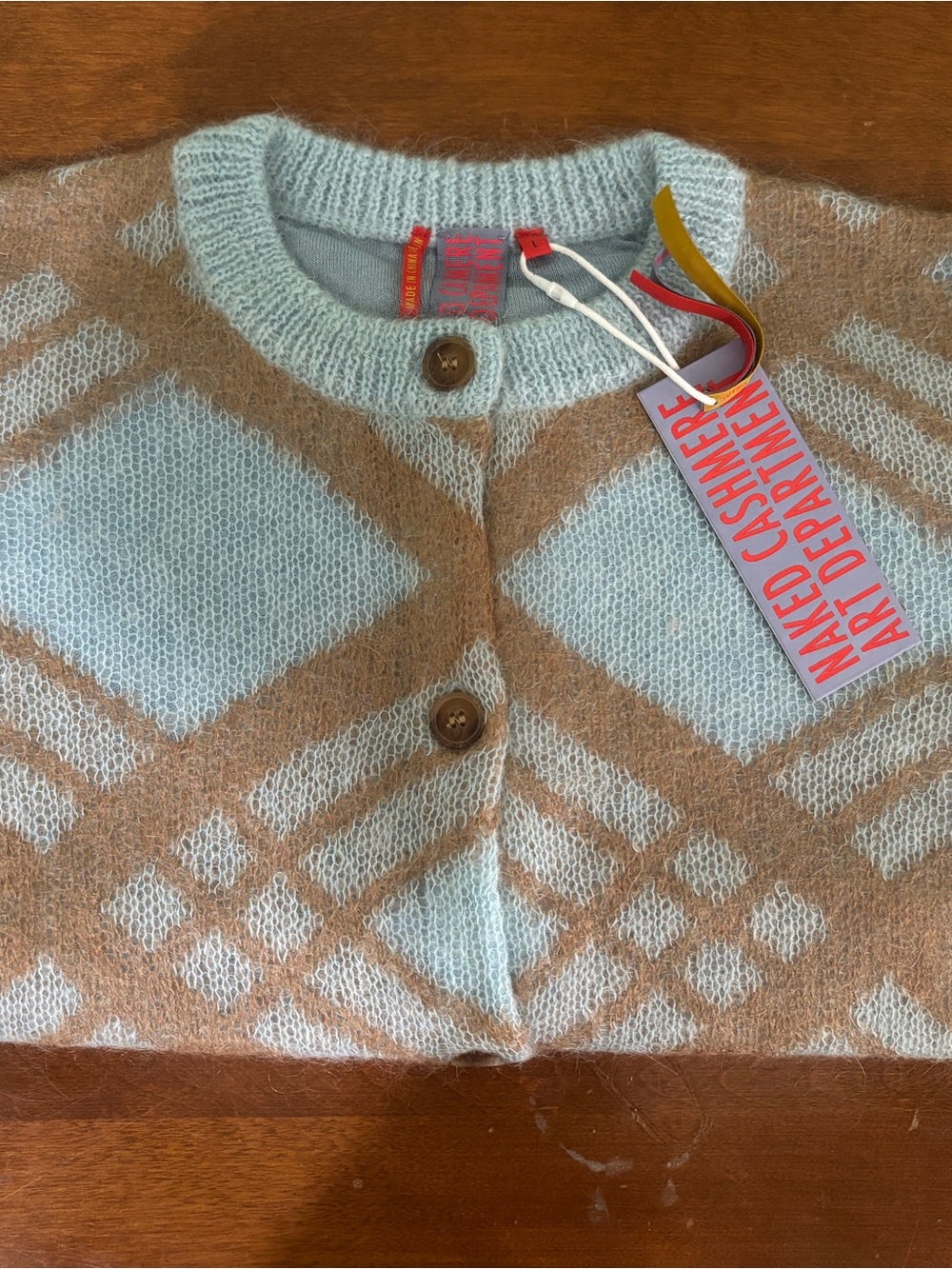 NakedCashmere Pale Blue and Tan Geometric Cashmere Cardigan size L (N1)